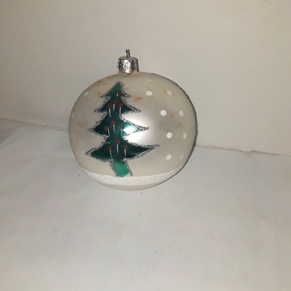 RARE POLAND GREEN TREE WHITE GLITTER CHRISTMAS ORNAMENT